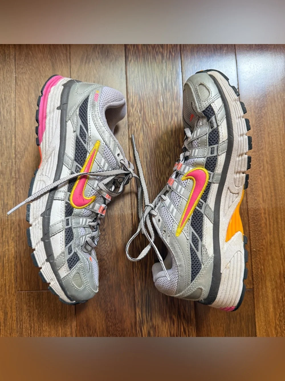 Nike Women's Grey Running Sneakers with Pink & Yellow Accents Size 7